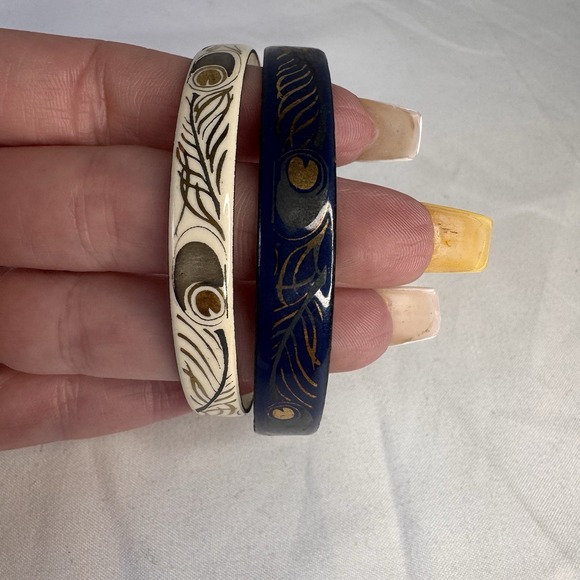 Laurana Bangle Bracelets Peacock Feather Lot Of 2 Interlocking‎ Vintage Italian - Picture 2 of 8